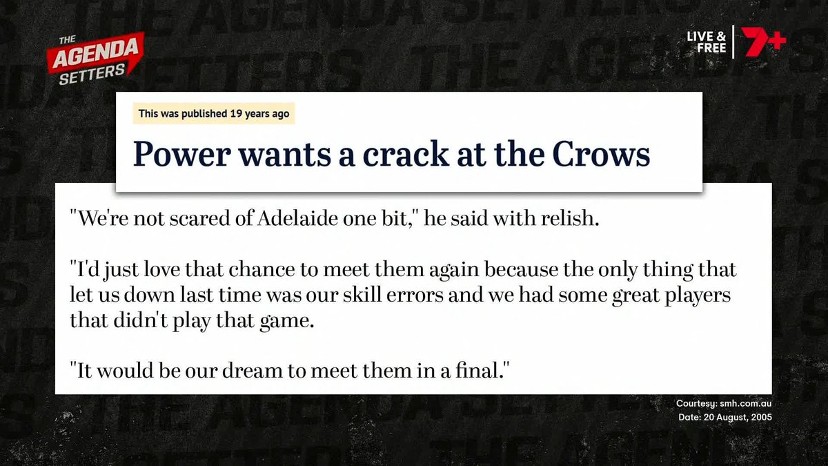 Chad Cornes: "It would be our dream to meet [the Crows] in a final." Three weeks later: Adelaide 18.15 (123) def Port Adelaide 5.10 (40) 😬 A trip down memory lane in Cleary's Conference 👇