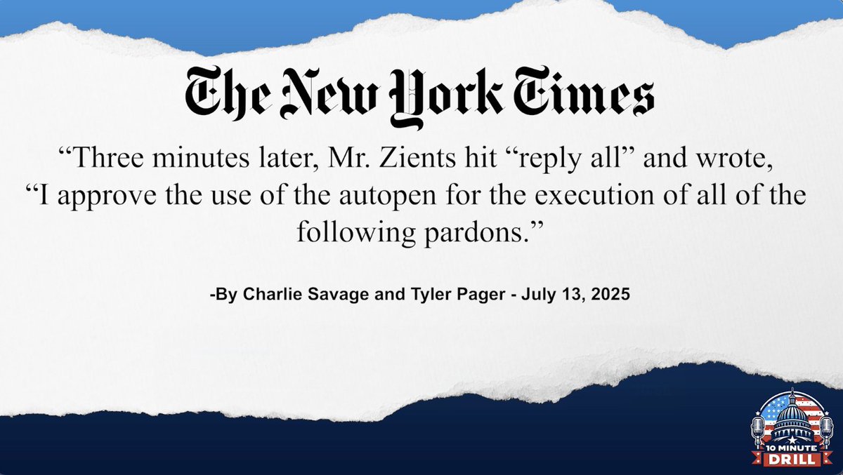 💣 Biden's latest autopen bombshell On Joe Biden's way out of office, the Biden White House announced unprecedented preemptive pardons for friends, families, and political allies. And according to the NYT, Biden didn't even approve them and staff signed them with the autopen.