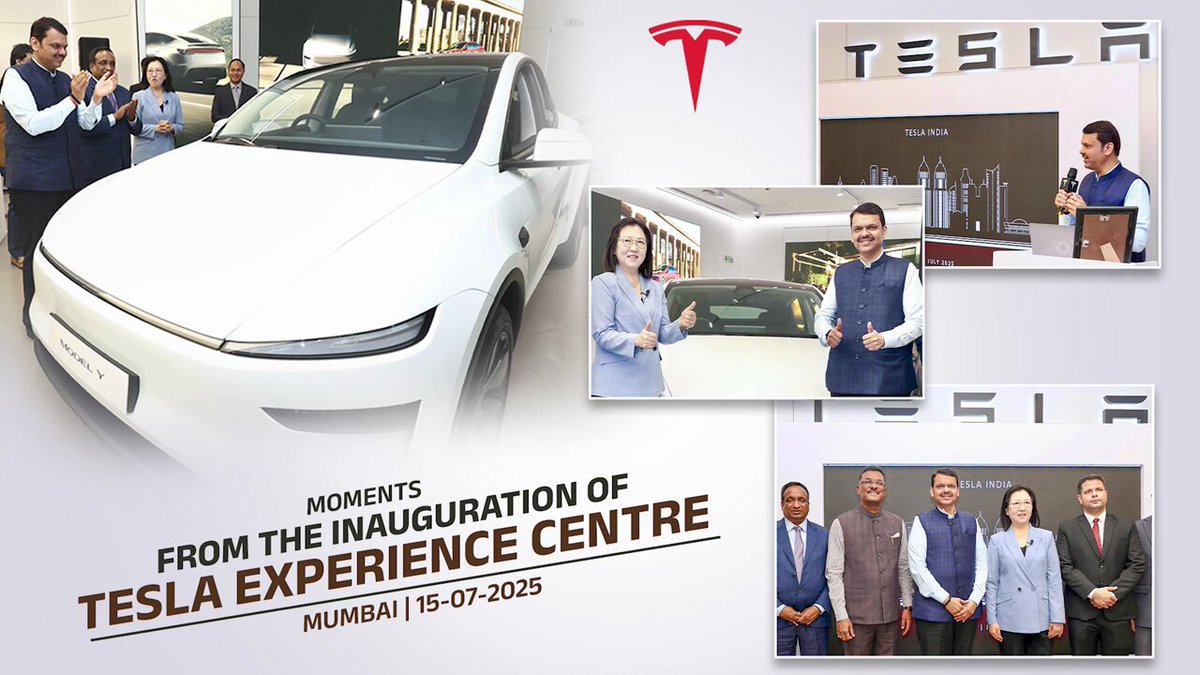 Inaugurated Tesla’s first India Experience Centre at BKC, Mumbai. A proud moment as Maharashtra becomes the first choice for global investors and pioneers the future of mobility in India. Setting the pace for next-gen transport, innovation, and sustainable development. मुंबईत टेस्लाचा भारतातील पहिलाच एक्सपिरीयन्स सेंटर सुरु झाला आणि त्यासोबतच महाराष्ट्राने पुन्हा एकदा भविष्यातल्या वाहतुकीच्या दिशेने आघाडी घेतली! जगभरातील तंत्रज्ञानप्रेमी आणि गुंतवणूकदारांसाठी महाराष्ट्र ही पहिली पसंती ठरत आहे. (Tesla Experience Centre Opening | Mumbai |15-07-2025) Tesla India Tesla #Maharashtra #Mumbai #TeslaInIndia