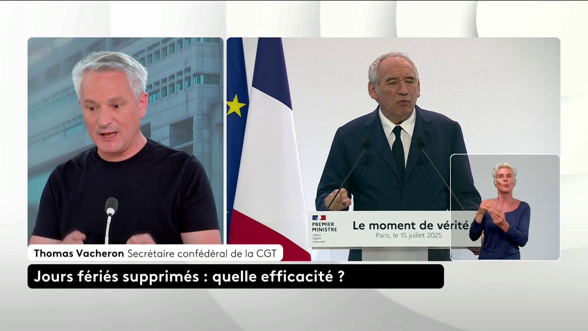 🔴 Jours fériés supprimés ? "Ce sont deux jours de plus volés", affirme Thomas Vacheron, secrétaire confédéral de la CGT. Il poursuit, "le travail gratuit, c'est du travail volé" et affirme : "personne d’autre que les patrons ne sont d’accord avec ces annonces".