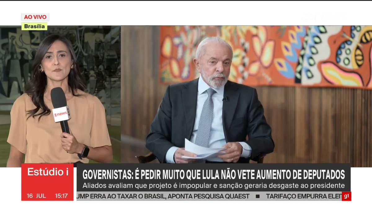 Em Brasília, aliados do presidente da Câmara, Hugo Motta, dizem que será um “grande erro” do presidente Lula vetar o aumento do número de deputados, de 513 para 531; e governistas, por sua vez, dizem que é pedir muito que Lula não vete o projeto, considerado impopular. Saiba mais com Elisa Clavery. ➡ Assista ao #Estúdioi: #GloboNews