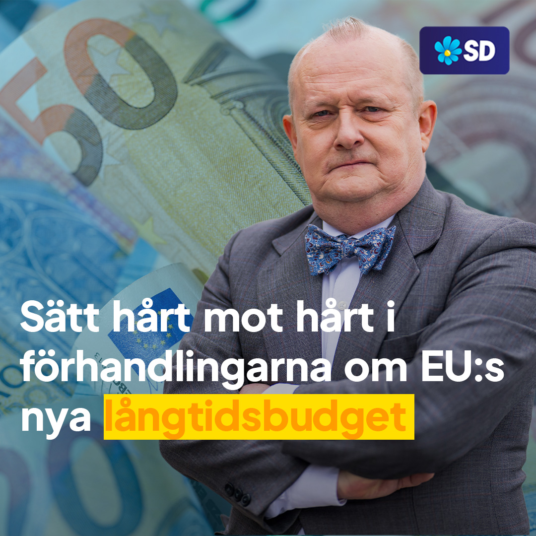 Nu måste Sverige säga ifrån Ursula von der Leyen vill att EU:s nästa långtidsbudget nästan dubblas till 22 000 miljarder kronor. Förslaget innebär: ⛔ Drastiskt ökade utgifter ⛔ Nya EU-skatter ⛔ Stärkt EU-inflytande över nationella politiska beslut ⛔️ Dedikerad krisfond på upp till 4500 miljarder kronor - finansierad med lån Detta får inte ske. Sverigedemokraterna kommer stå i främsta ledet för att stoppa detta förslag. EU ska inte legalisera gemensamma lån för "oförutsedda utgifter". Det kommer krävas en hård kamp mot de krafter som vill ge EU mer makt på medlemsländernas bekostnad. Regeringen får inte vika ner sig – och nu måste alla svenska partier försvara våra intressen. Svenska folket ska inte betala för andra länders ekonomiska vanskötsel. Punkt.