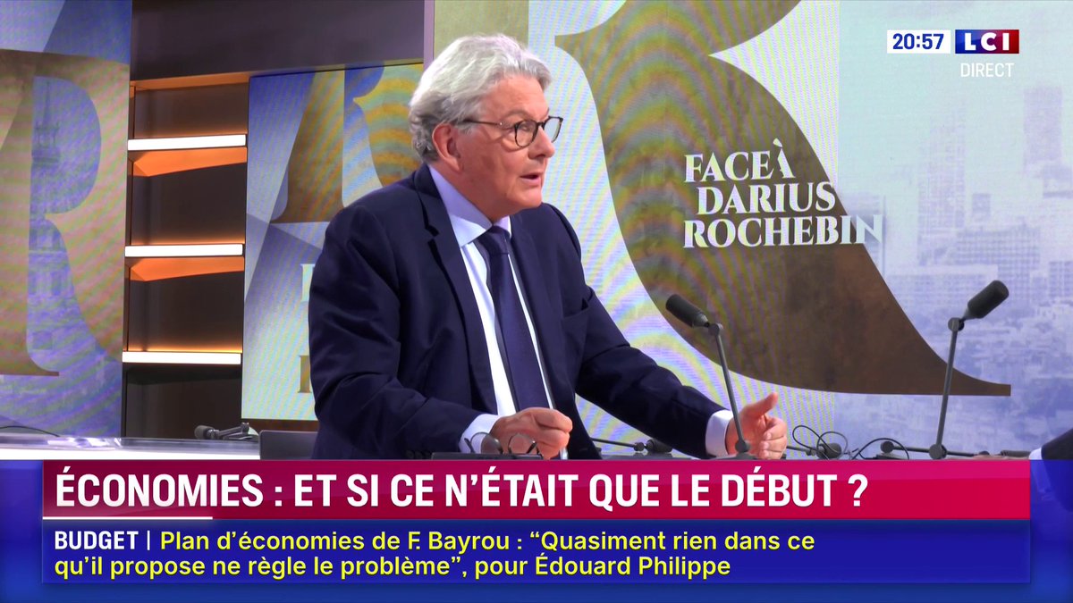 ➡️ Budget 🗣️ "Je suis positif, parce qu'on sait ce qu'il y a à faire. Il faut absolument retrouver le goût du travail" : Thierry Breton qui estime "que l'État-providence tel qu'il a été conçu, aujourd'hui ne fonctionne plus". 📺 Face à Darius Rochebin