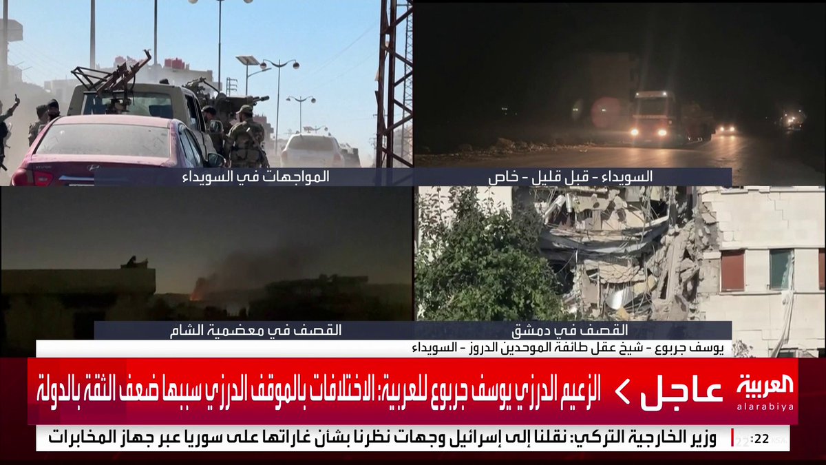 الزعيم الدرزي يوسف جربوع لـ العربية: نرفض دعوات طلب الحماية من الخارج.. والاختلافات بالموقف الدرزي سببها "ضعف الثقة بالدولة".. ولن نفقد الأمل بالدولة السورية #سوريا #السويداء #قناة_العربية