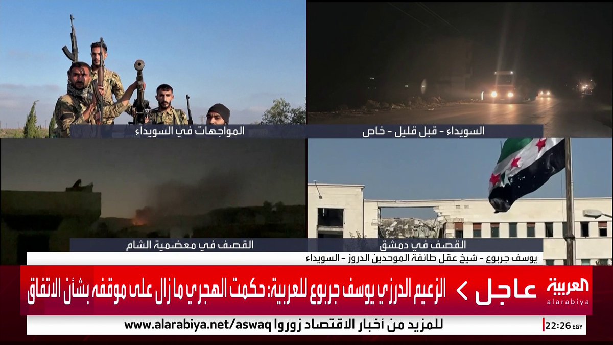 الزعيم الدرزي يوسف جربوع لـ العربية: نأمل أن تعود المرجعية الدرزية بسوريا للتوافق.. وحكمت الهجري ما زال على موقفه بشأن الاتفاق ولا تغيير إيجابي #سوريا #السويداء #قناة_العربية
