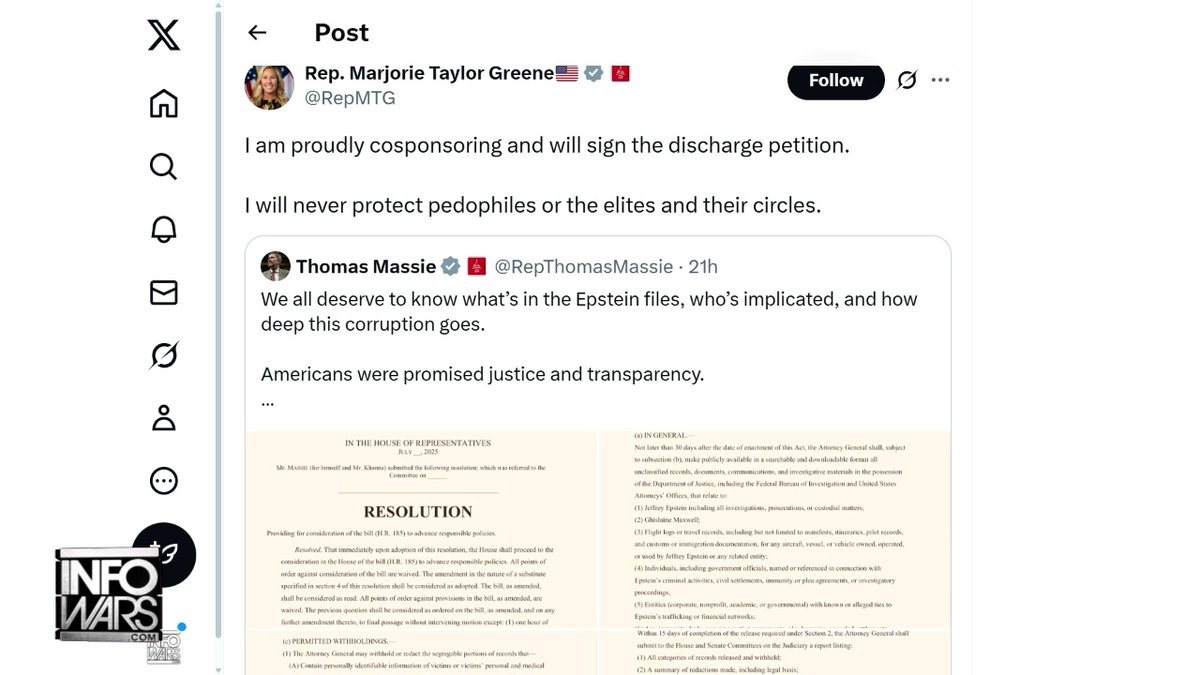 🚨BREAKING: "I Will Never Protect Pedophiles Or The Elites And Their Circles" MTG Co-Sponsors Democrat Resolution Requiring DOJ To Release Epstein Files