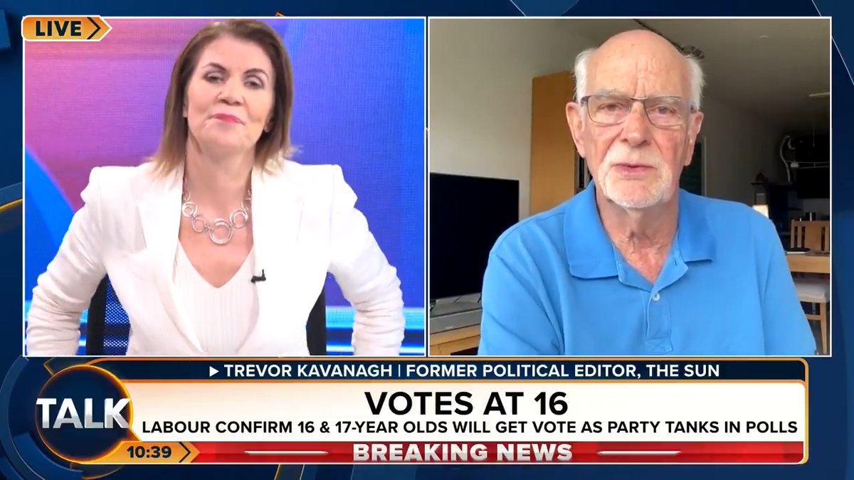 Ex-political editor of The Sun, Trevor Kavanagh says the voting age being changed to 16 is "the beginning of the end" of Britain as we know it. Julia: "We don't trust them to buy a pint but we do to vote for who runs this country? It's a nonsense - absolute nonsense!" Julia Hartley-Brewer