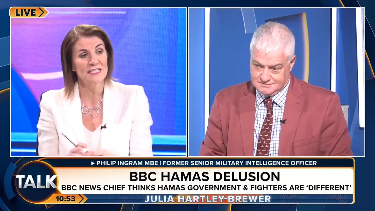 Julia Hartley-Brewer slams BBC news chief Deborah Turness for her claims that the Hamas Government and fighters are 'different'. Ex-senior Military Intelligence officer Philip Ingram: "By her logic - Hitler was only the head of the political wing of the Nazi Party!" Julia Hartley-Brewer