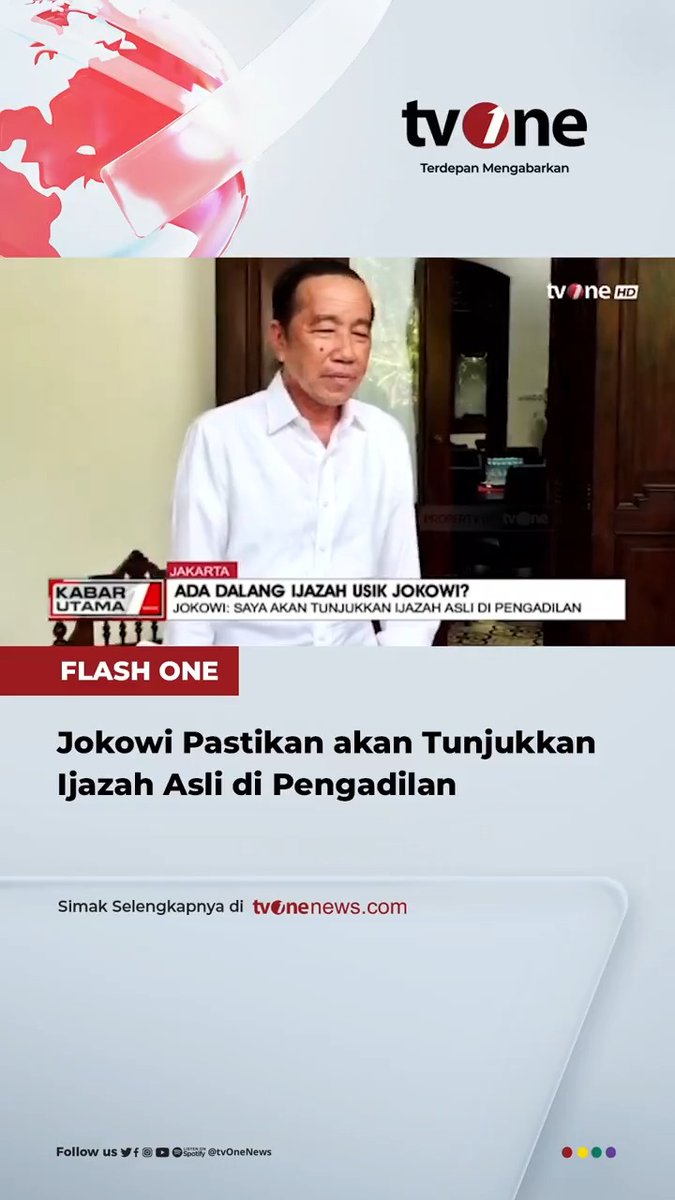Mantan presiden Joko Widodo memastikan hanya akan menunjukkan ijazah asli miliknya di pengadilan Simak berita selengkapnya di #HardNews_Hukum #FlashOne #CariBeritaditvOne #JokoWidodo #PolemikIjazahJokowi