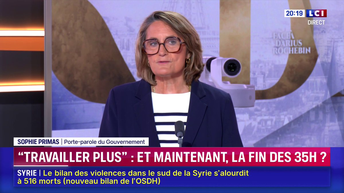 🗣️ Mathieu Lefèvre appelle à "mettre fin aux 35H et laisser la liberté aux entreprises de s'organiser" : "à titre personnel et comme membre des LR", Sophie Primas "partage le point de vue" du député de la 5e circonscription du Val de Marne ▶️ Darius Rochebin