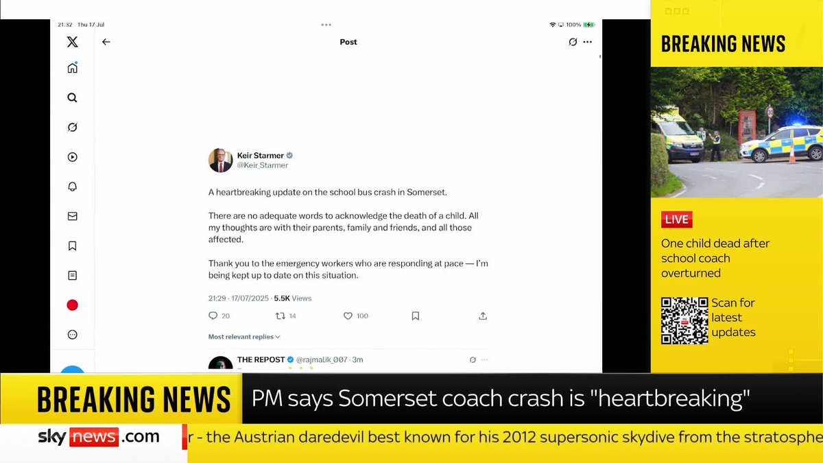 BREAKING: Sir Keir Starmer has described the Somerset coach crash as 'heartbreaking' One child has died and two others have been taken to hospital via air ambulance after the coach crashed on the way back from a day trip. 📺 Sky 501, Virgin 602