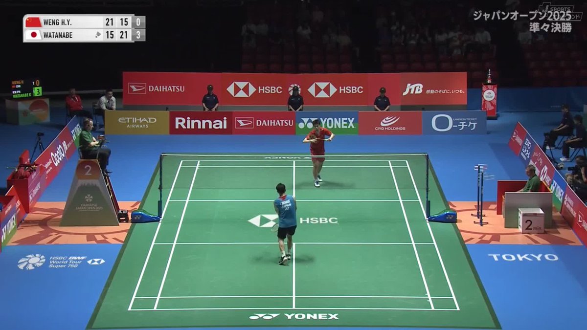 #ジャパンオープン2025 男子シングルス準々決勝 🇨🇳#ウェン・ホンヤン vs. #渡邉航貴🇯🇵 左右に揺さぶる巧みなショットで 渡邉選手が連続ポイントを奪います‼ 全コート全試合LIVE&見逃し配信⬇️ #バドミントン #DJO2025