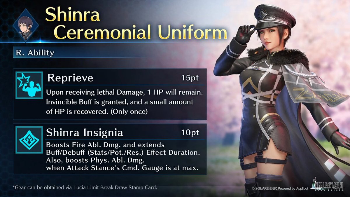 Check out Lucia's Shinra Ceremonial Uniform! Get this Lucia-Exclusive Gear from Lucia Limit Break Draw on the Stamp Card! #FF7EC #FF7EverCrisis #FF7
