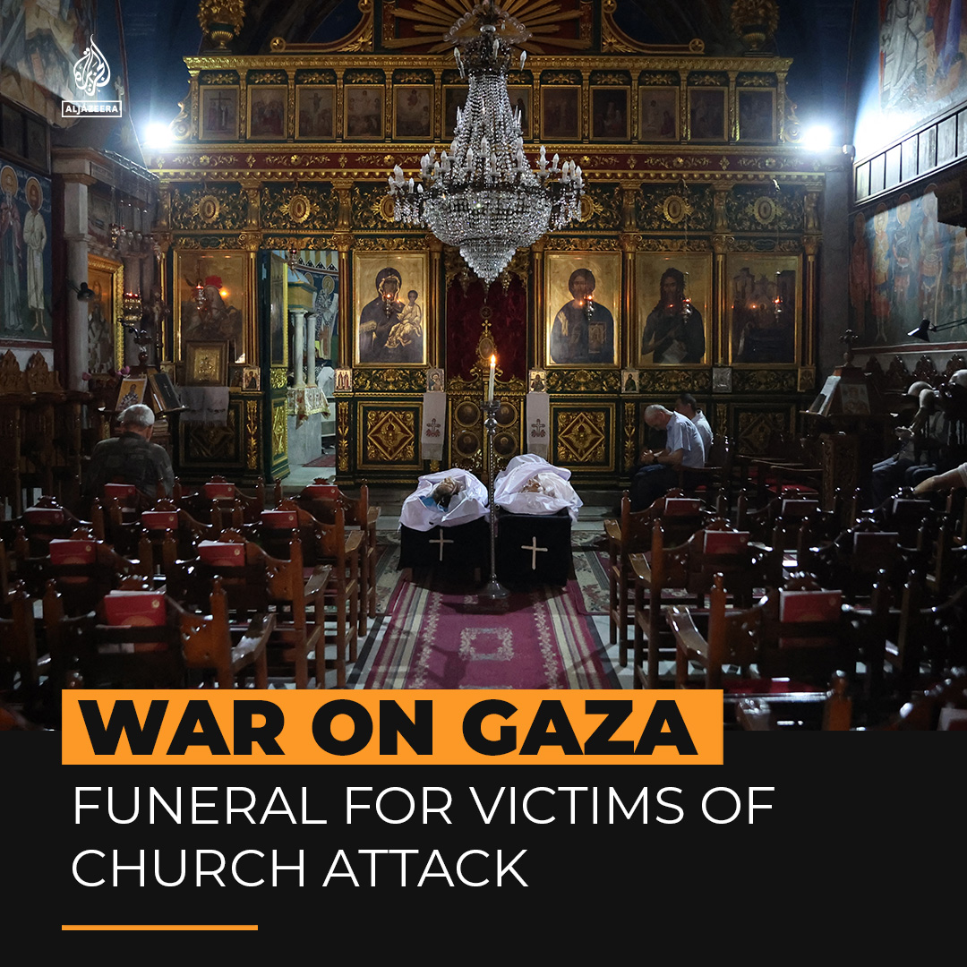 Palestinians gathered to mourn those killed in the Israeli attack on Gaza’s only Catholic church, which was condemned by international leaders as ‘unacceptable’.
