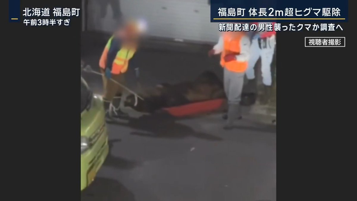 【北海道で体長2m超のクマを駆除】 | 北海道・福島町の住宅街で体長2m8cm、体重218kgのヒグマ1頭を駆除。クマは8歳〜9歳くらいのオス 今回クマが駆除された住宅街は、12日に新聞配達をしていた佐藤研樹さんが襲われて死亡した現場から約850mの場所 福島町 鳴海清春 町長 「町民の方々も完全な安心ではないですが、少し心にほっとしたところを我々としてメッセージを送ることができたのではないか」 ▼町はDNA鑑定などを行い、駆除されたヒグマが12日に佐藤さんを襲ったクマかどうか調査 →結果は19日以降に判明 福島町 鳴海清春 町長 「(ハンターが)直接外形を見ているので。大きさがちょっと違いますので」 Q12日に襲撃したヒグマとは別の見立て? 「はい」 福島町では少なくとも2頭のヒグマが出没しているとみられる 南知床・ヒグマ情報センター 藤本靖 前理事長 「警戒レベルはまだ下げないほうがいい。もう1頭いるというのが専門家の調査で分かっている」 「道南にいるのは小型のクマが多い。今回の大きなクマ、200kg超のクマだった。街中にあの大きさのクマが入ってくるのはなかなか例がない」 福島町は山沿いの約1.5kmにわたり電気柵を設置し、クマが人里に出てこないように対策 ▼新聞配達員が襲われた現場周辺で採取されたクマの体毛が、4年前に人を死亡させたヒグマのものと一致 2021年、畑に入った70代の女性がやぶの中で死亡 →この時女性を殺害したクマがいまも生きていて、再び人を襲った可能性は否定できず 南知床・ヒグマ情報センター 藤本靖 前理事長 「1度人を襲ったクマは人より優位だと自覚してしまうため、また人を見ると攻撃する可能性が高い。駆除されるまでは警戒が必要」