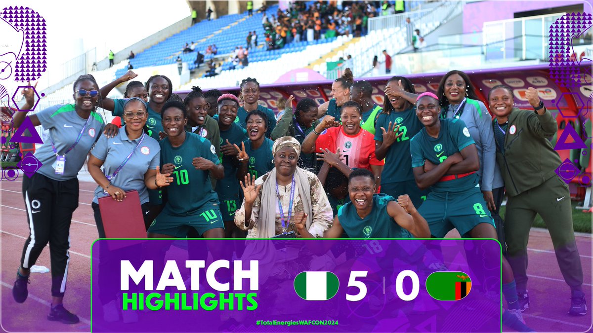 🎥 HIGHLIGHTS: 🇳🇬 5-0 🇿🇲 Five different players score five goals for the Super Falcons sending them to the #TotalEnergiesWAFCON2024 semis! 🔥