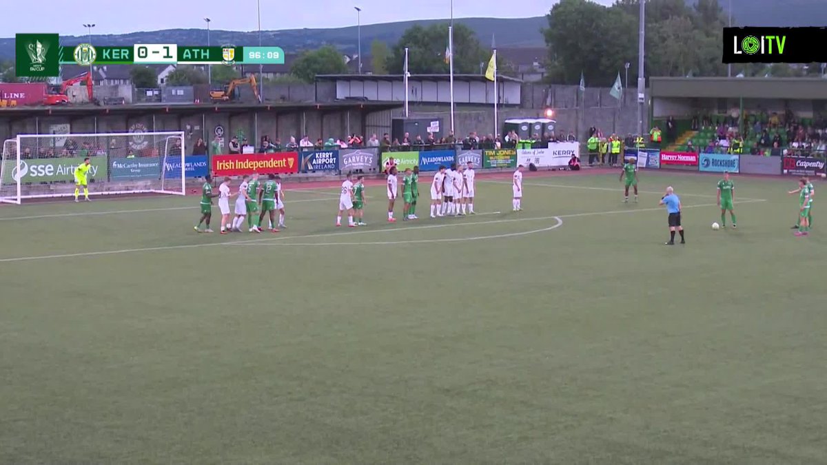 With virtually the last kick of the 90, Joe Adams hits a sensational free kick for Kerry! 😮 We're into extra time at Mounthawk Park