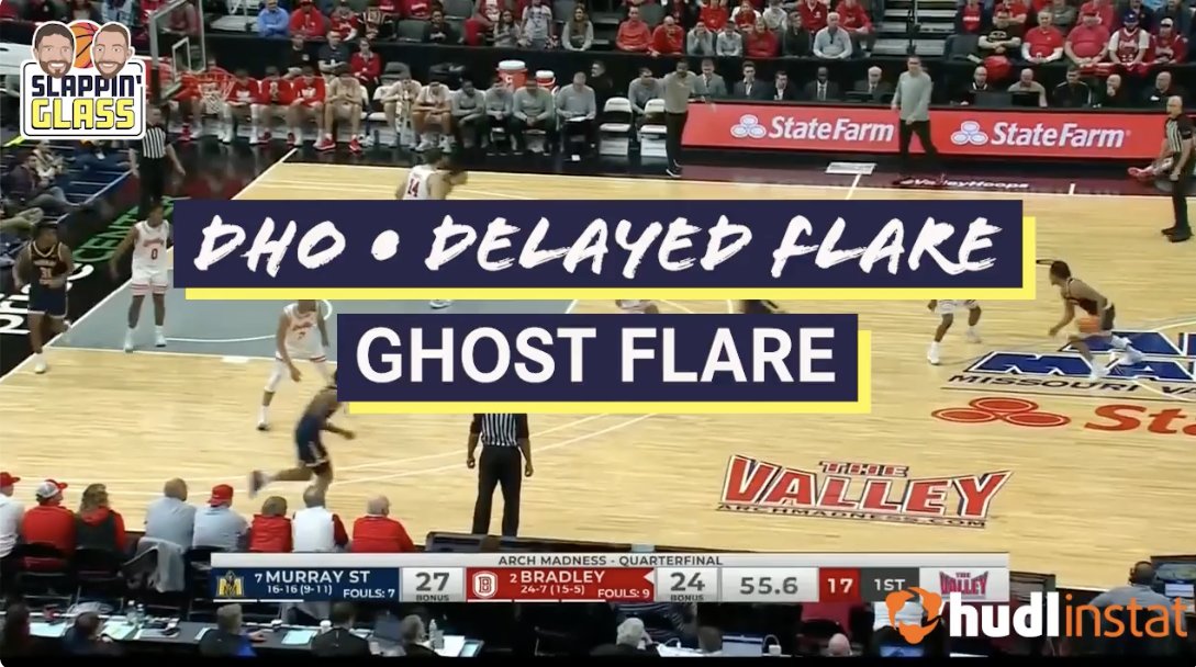 { Ghost Flare - DHO • Delayed Flare } A creative wrinkle out of the ghost flare action. After the ghost screen, instead of immediately flowing into the flare, the ballhandler plays a DHO, adding a layer of misdirection and timing to the flare screen. Hudl Hoops Fastmodel Sports