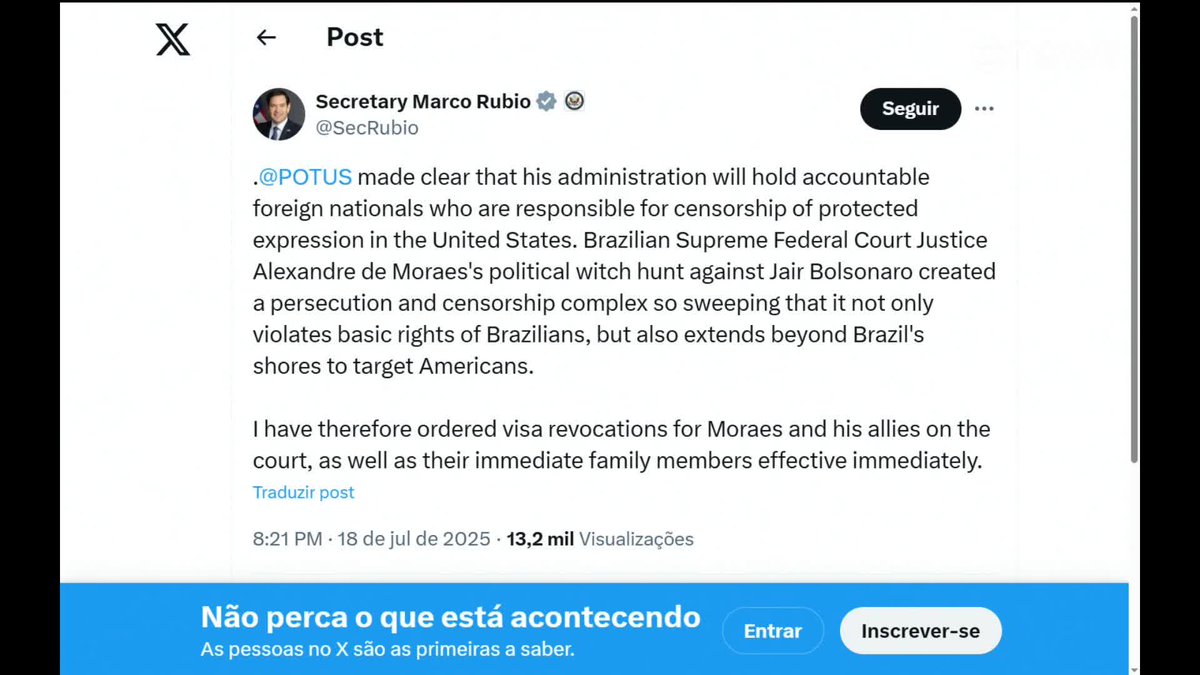 Governo dos Estados Unidos revoga o visto do ministro Alexandre de Moraes, “seus aliados” no Supremo Tribunal Federal e familiares. Saiba mais. ➡ Assista ao #EmPauta: #GloboNews