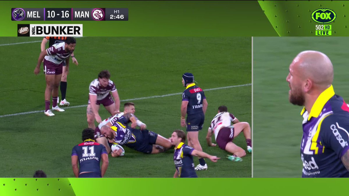 Nelson is penalised for an elbow... and the try is rubbed off 😮 📺 Watch #NRLStormManly on Ch.502 or stream on Kayo: ✍️ BLOG 🔢 MATCH CENTRE