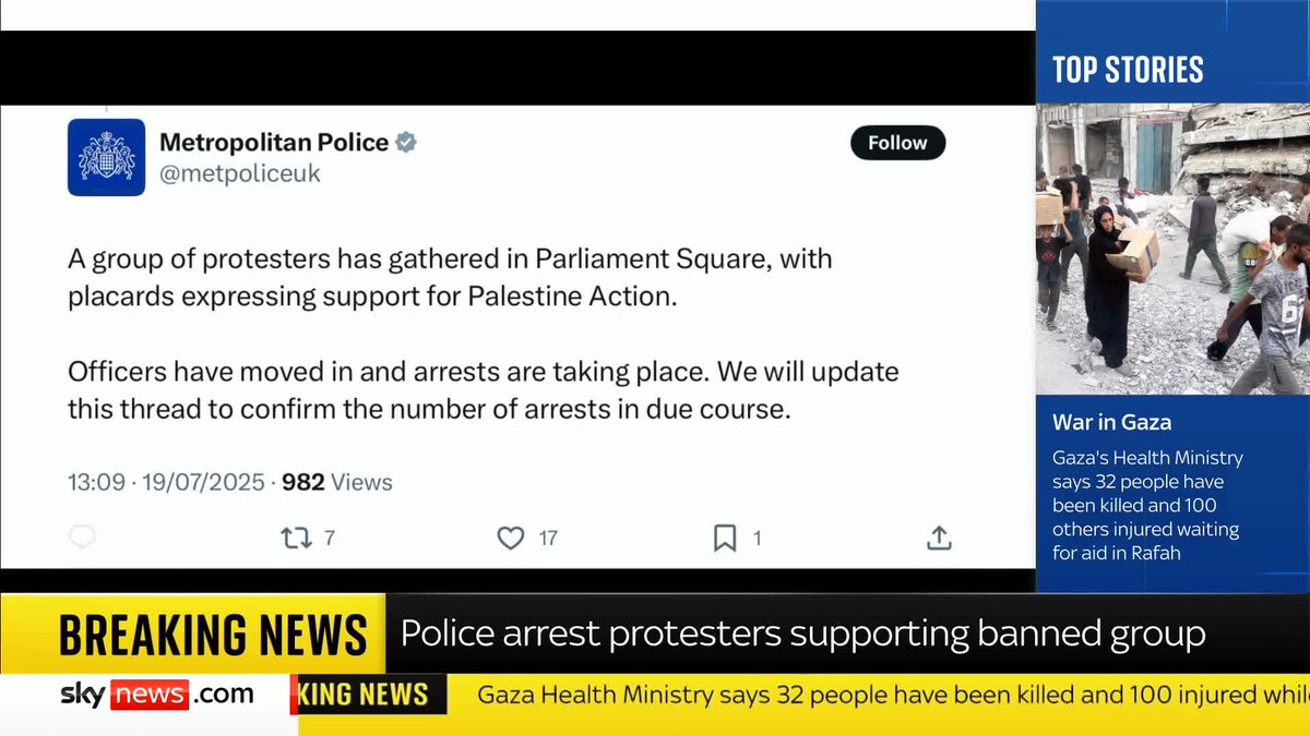 BREAKING: The Met Police confirm they are arresting protesters supporting the banned group Palestine Action. 📺 Sky 501, Virgin 602, Freeview 233 and YouTube
