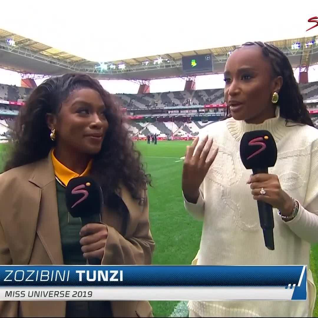 Nomzamo Mbatha and Zozibini Tunzi adding to the green and gold vibes in Mbombela 🤩🇿🇦 📺 Stream #RSAvGEO on DStv: