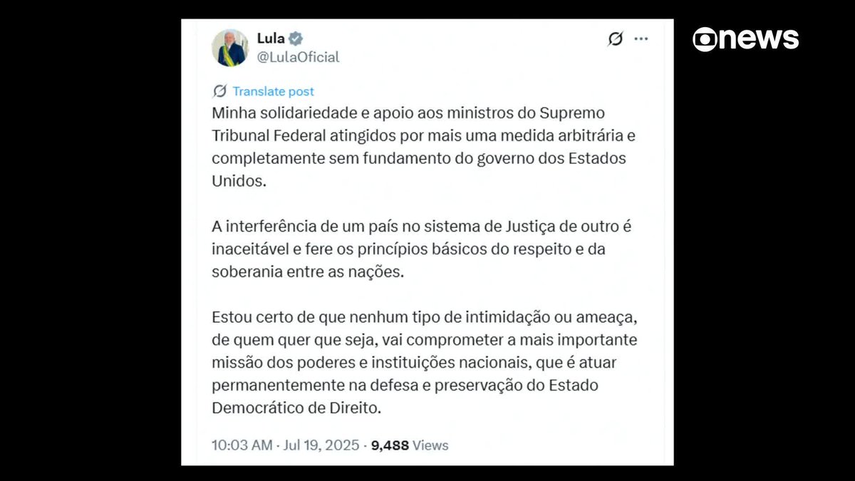 Lula critica ações dos EUA contra ministros do STF. “Mais uma medida arbitrária e completamente sem fundamento do governo dos Estados Unidos”, postou o presidente em uma rede social. #JornalGloboNews ➡ Assista à #GloboNews: