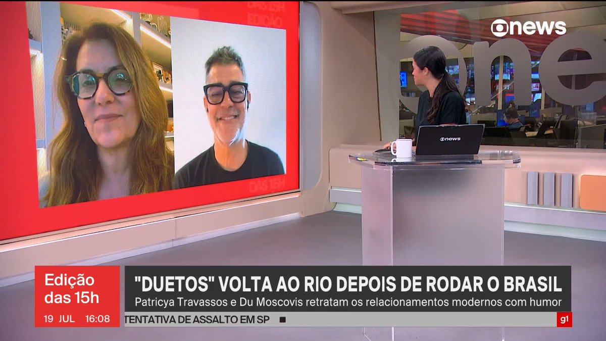 O #JornalGloboNews conversou com Patricya Travassos e Eduardo Moscovis, que voltam aos palcos do Rio com a peça “Duetos” após sucesso pelo Brasil. A atriz e o ator contam um pouco da história. ➡ Assista à #GloboNews:
