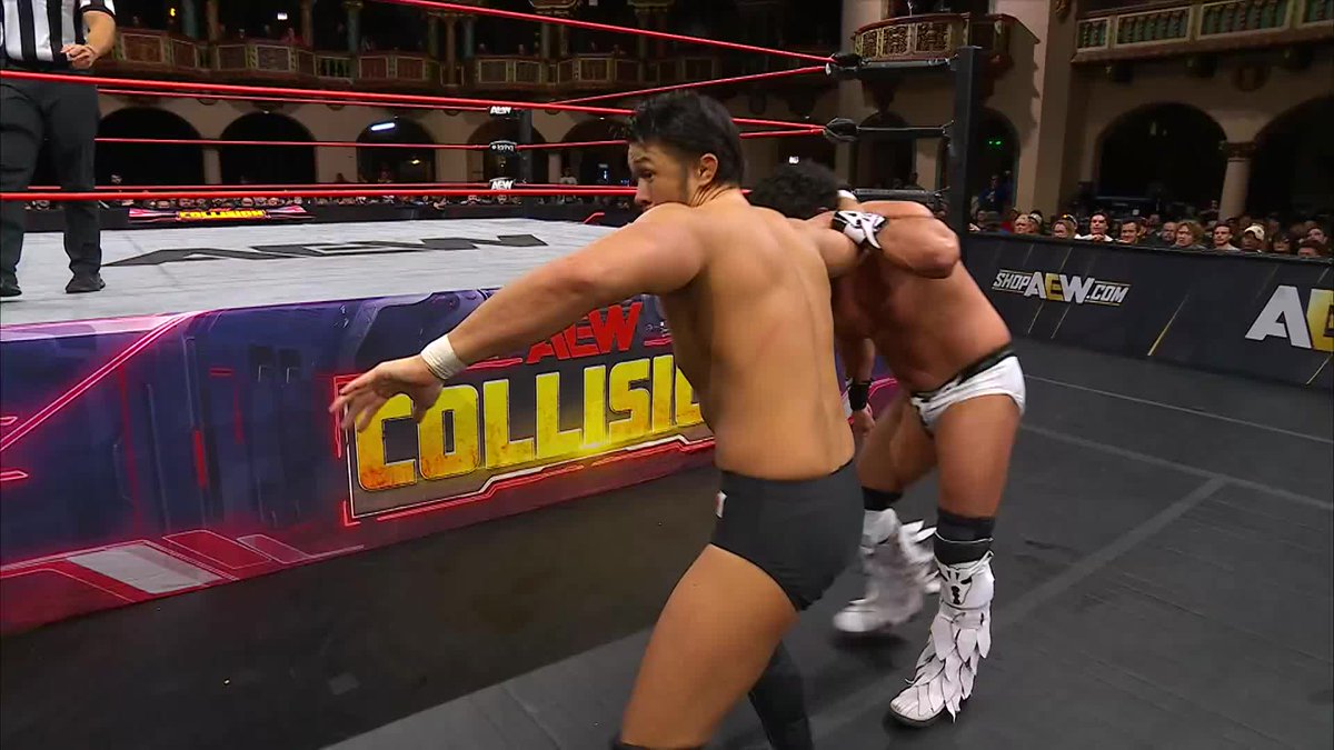 Taking a page out of @RUSHToroBlanco’s book, 柴田勝頼 / Katsuyori Shibata repeatedly throws RUSH into the barricade! Watch #AEWCollision on TNT & HBO Max