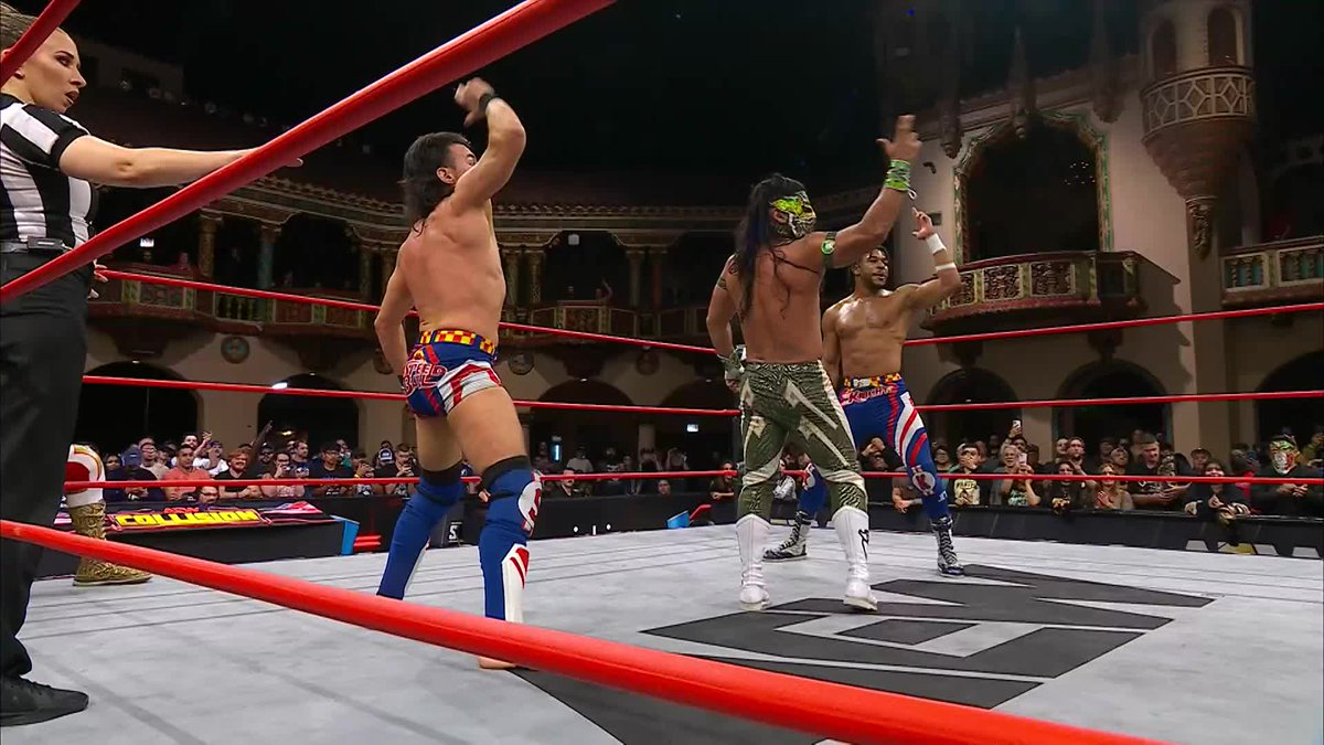 ROH World Champion @BandidoWrestler, Kevin Knight ケビン・ナイト, Speedball Mike Bailey + Mascara Dorada CMLL let loose on The Invisible Hand Family! Watch #AEWCollision on TNT &amp; HBO Max