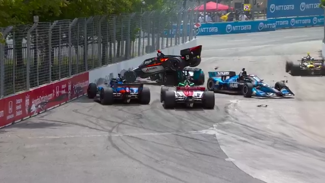 Jacob Abel's car lands on top of Josef Newgarden's No. 2.