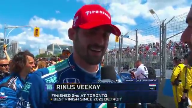 Rinus VeeKay talks with Jack Harvey after a P2 finish in Toronto.