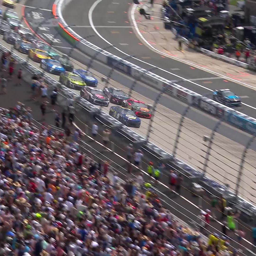 .Chase Elliott takes the lead on the restart while two Joe Gibbs Racing teammates go head-to-head.
