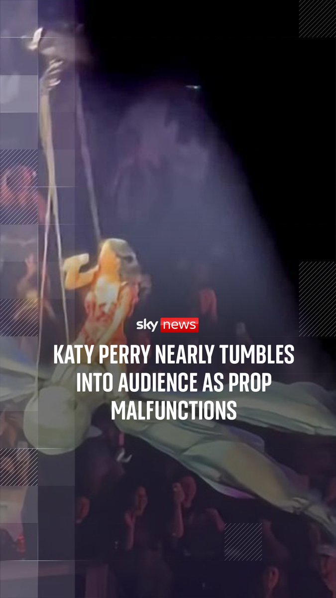 Katy Perry nearly tumbled into the crowd after a prop malfunction at a concert in San Francisco. The singer was performing her hit 'Roar' while riding a mechanical butterfly, when the prop suddenly dropped.