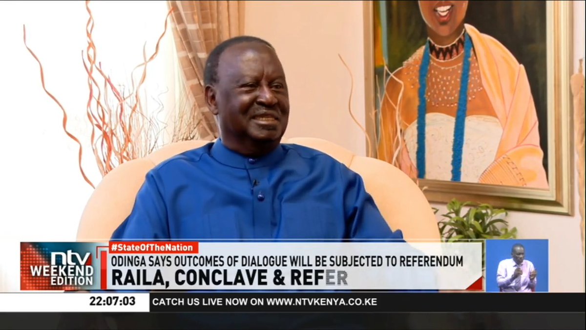 Raila Odinga: I am happy that Kenyans are speaking about this conclave. This is not intended to help me or Ruto. It's a people's process. Our issues will not be solved by Ruto must go, we must find a way of dealing with these issues. #StateOfTheNation Ibrahim Karanja.