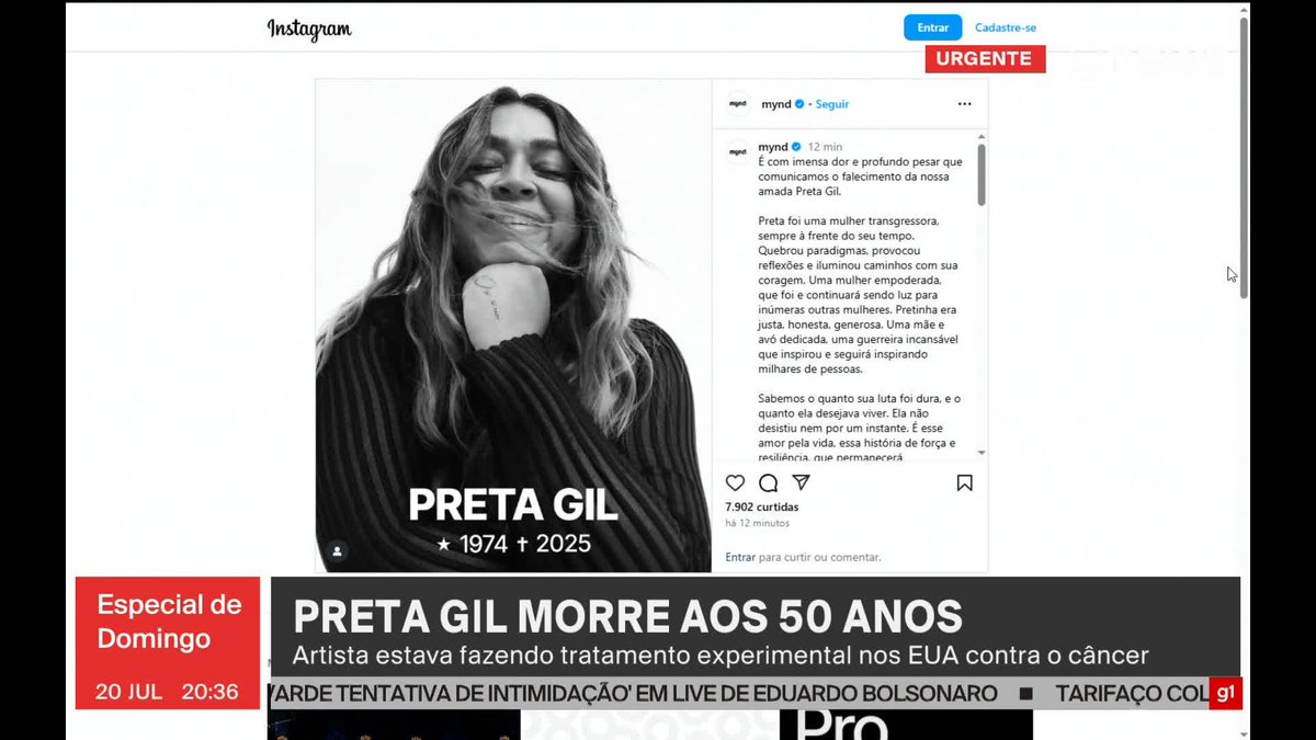“É com imensa dor e profundo pesar que comunicamos o falecimento da nossa amada Preta Gil. Preta foi uma mulher transgressora, sempre à frente do seu tempo. Quebrou paradigmas, provocou reflexões e iluminou caminhos com sua coragem. Uma mulher empoderada, que foi e continuará sendo luz para inúmeras outras mulheres. Pretinha era justa, honesta, generosa. Uma mãe e avó dedicada, uma guerreira incansável que inspirou e seguirá inspirando milhares de pessoas. Sabemos o quanto sua luta foi dura, e o quanto ela desejava viver. Ela não desistiu nem por um instante. É esse amor pela vida, essa história de força e resiliência, que permanecerá eternamente em nossos corações. Te amamos, Preta”, postou a assessoria de Preta Gil, que faleceu neste domingo (20), aos 50 anos, em Nova York, nos Estados Unidos, onde passou as últimas semanas realizando um tratamento experimental contra o câncer. ➡ Assista na #GloboNews: