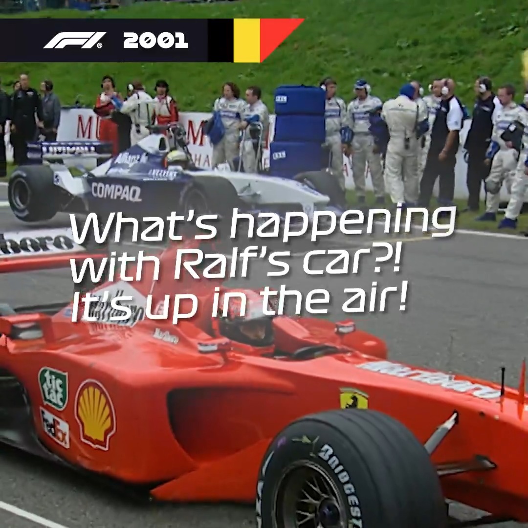 That... is not meant to happen 😳 When Ralf Schumacher's mechanics ran out of time to prepare his car on the grid, they had to leave him suspended on his jacks! #F1 #BelgianGP