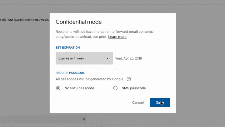 Use Confidential Mode in Gmail for those times when your email needs extra protection. Send messages with peace of mind, knowing you can prevent them from being widely shared or even make them disappear after a set time. →