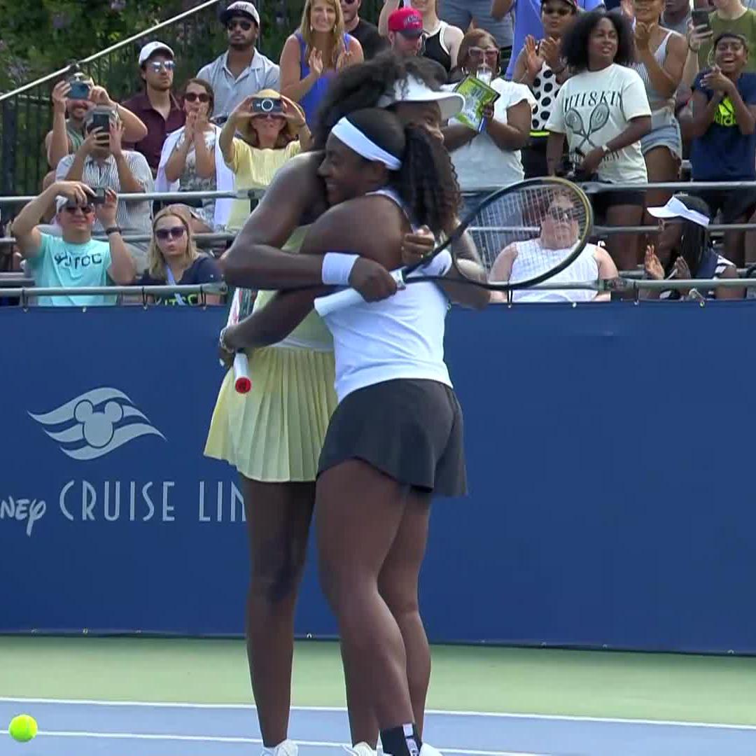 Venus Williams and Hailey Baptiste beat Genie Bouchard and Clervie Ngounoue 6-3 6-1 in Washington. Packed house for the legendary Queen Vee. What a joy to see her back on a tennis court ❤