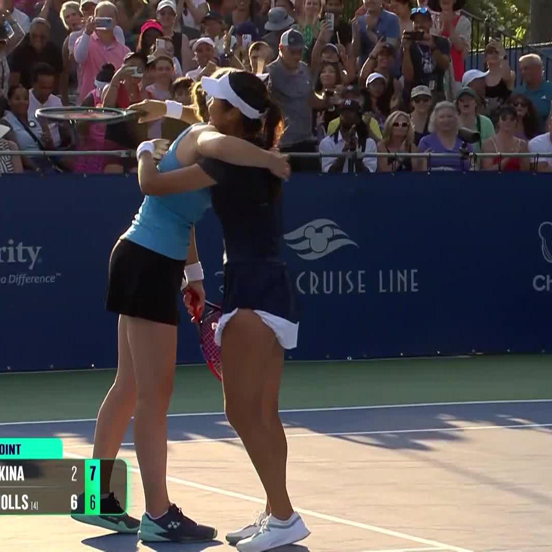 Dynamic duo 💥 Emma Raducanu and Elena Rybakina prove too strong for Nicholls and Mihalikova, 2-6, 7-6(4), [11-9]. #MubadalaCitiDCOpen