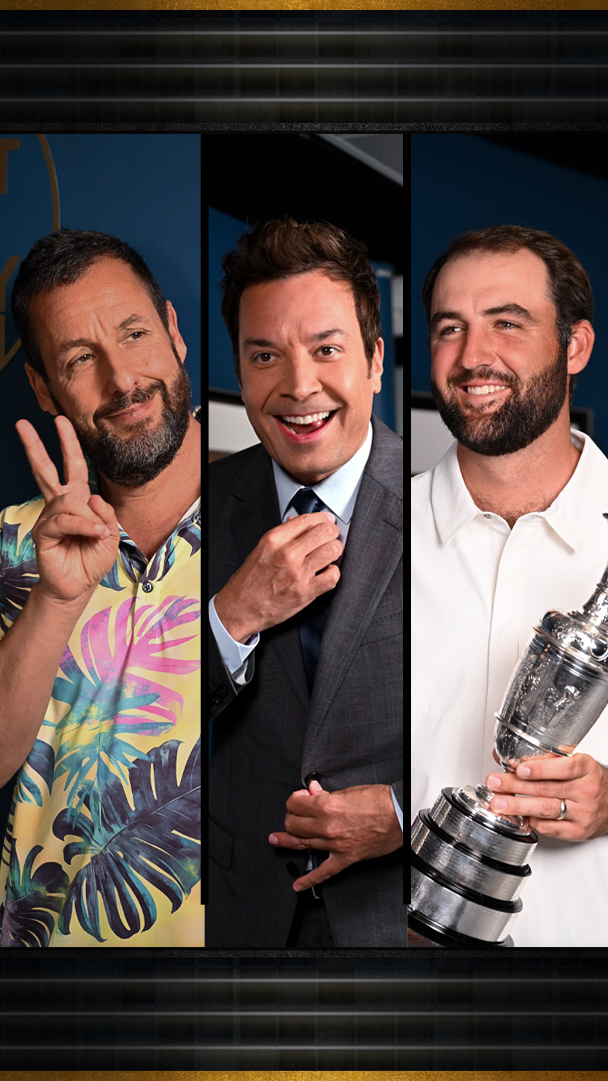 The Sandman (Adam Sandler) is always Happy to see #ScottieScheffler. ⛳️ The Open #HappyGilmore #FallonTonight
