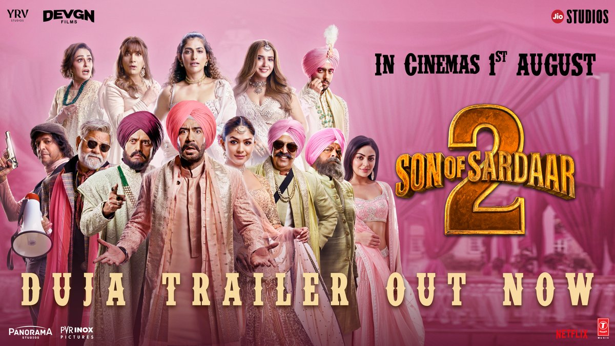 Latest update hai….Jassi ab officially har tarah se phas chuka hai ⚠️ Duja Trailer out now: #SonOfSardaar2 in cinemas from 1st of August. #SardaarIsBack #SOS2 Ajay Devgn Ravi Kishan Mrunal Thakur Neeru Bajwa Deepak Dobriyal Kubbra Sait Chunky Panday Sharat Saxena #MukulDev Vindu Dara Singh #RoshniWalia Sanjay Mishra #AshwiniKalsekar Sahil Mehta #JioStudios Devgn Films T-Series #JyotiDeshpande N R Pachisia #PravinTalreja Kumar Mangat Pathak #VijayKumarArora #JagdeepSinghSidhu Danish Devgn