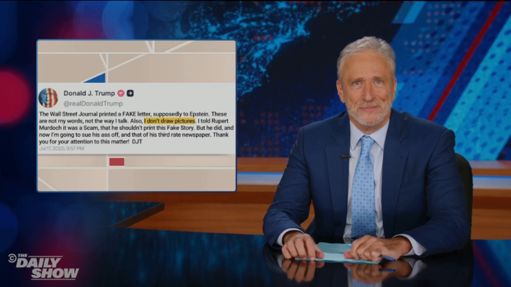 Trump claims he couldn't have made Epstein's creepy birthday card, but allow Jon Stewart to counter with exhibits A through Z