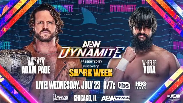 #AEWDynamite 8pm ET/7pm CT on TBS + HBO Max Tomorrow, 7/23! AEW World Champion Hangman Page vs YUTA Jon Moxley sent a message by decimating Colt Cabana🦦 in Chicago on #AEWCollision! Now Hangman will fight vs Yuta of the Death Riders 1-on-1 TOMORROW NIGHT!