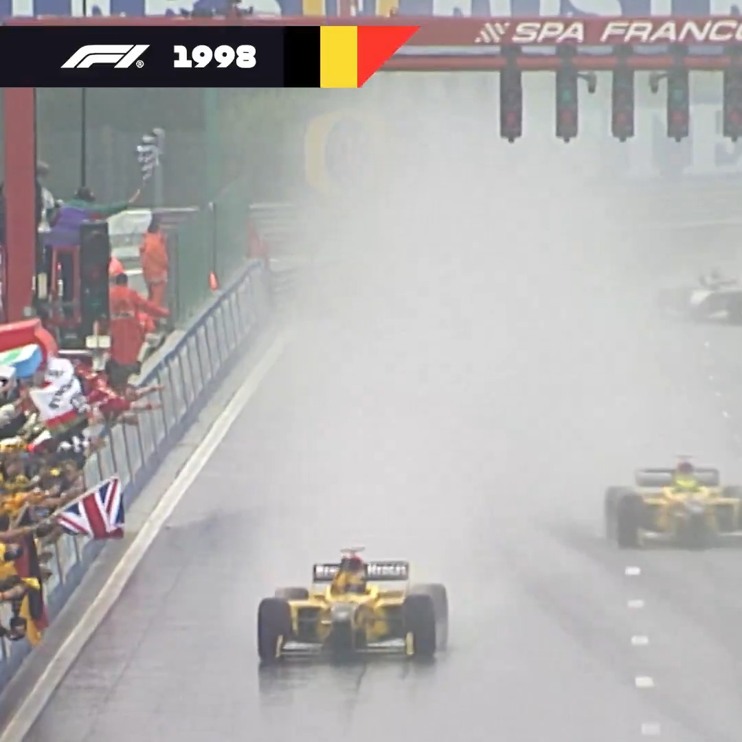 Few underdog stories compare to the emotions of Jordan Grand Prix's first win 🥹 Coming through the carnage, Damon Hill led home Ralf Schumacher for a 1-2, joined on the podium by the deeply-missed Eddie Jordan 💛 #F1 #BelgianGP