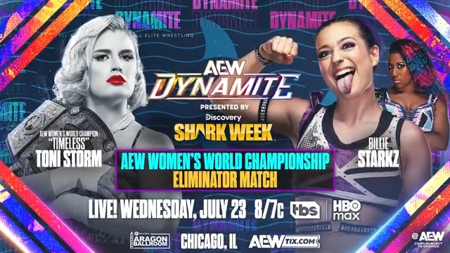 #AEWDynamite LIVE, 8/7c on TBS + HBO Max Tomorrow, 7/23! AEW Women's World Championship Eliminator Timeless Toni Storm vs Billie Starkz AEW Women's World Champion Storm has upped the ante on her match with Athena is ROH & All Elite!’s minion, BIG Billie Starkz • ビリー・スタークス, making it an Eliminator!