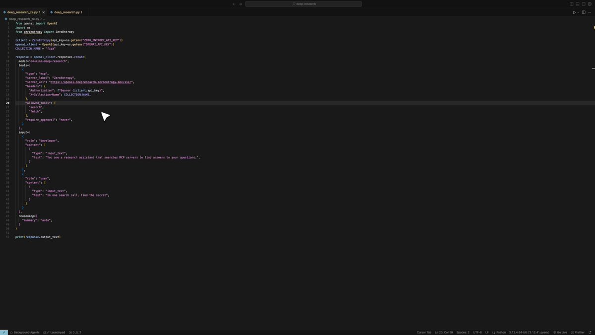 You can now build a Deep Research Agent over your organization's data in literally 1 tool call using ZeroEntropy's MCP server! We just launched our MCP server, which you can connect to the OpenAI Deep Research API! This demo shows to find ZeroEntropy's secret buried in 50k+ documents