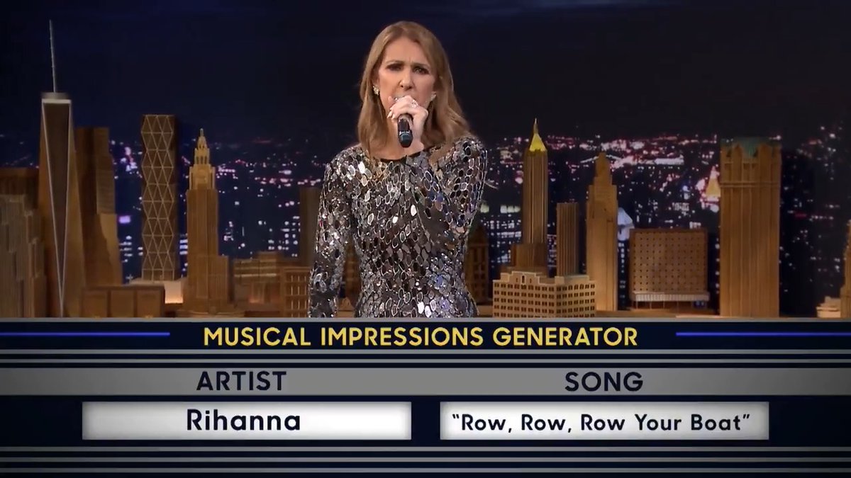 .Celine Dion performs “Row, Row, Row Your Boat” as Rihanna in Wheel of Musical Impressions! #FallonFlashback