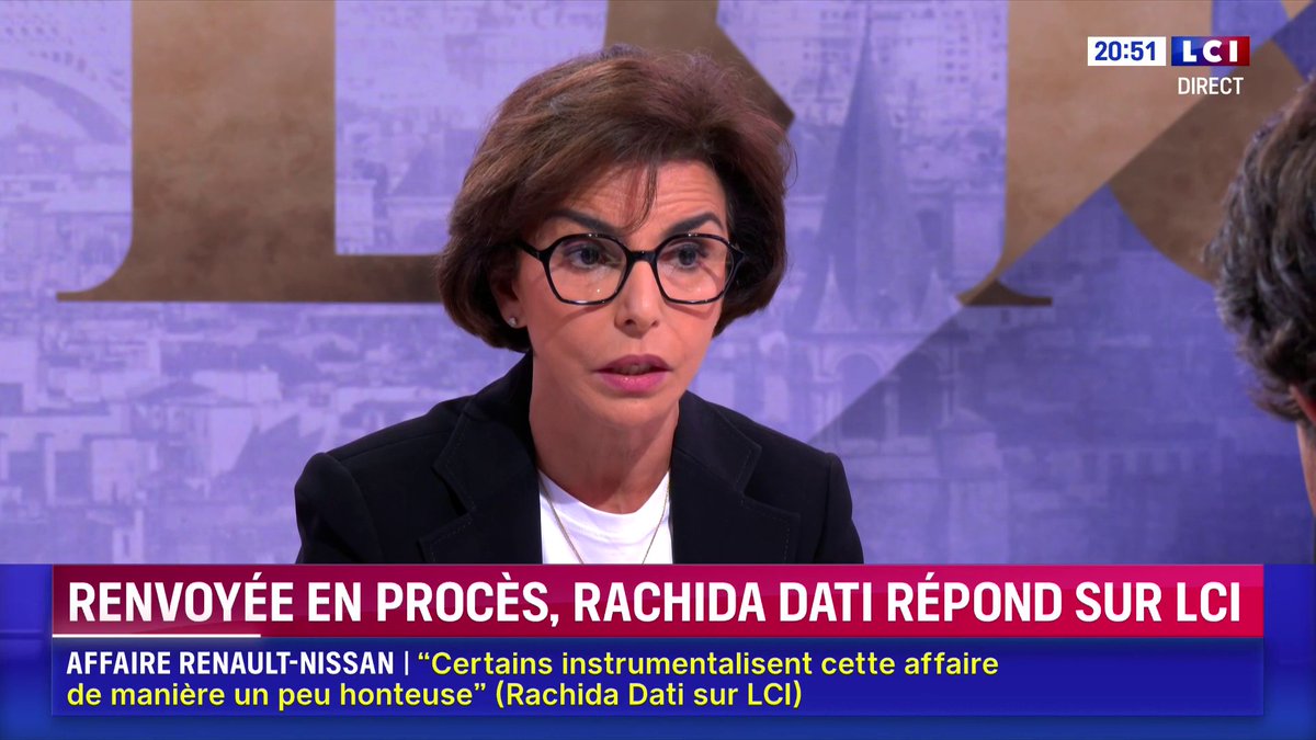 🔴 Renvoyée en procès pour corruption et trafic d'influence, Rachida Dati ن répond sur LCI : les 900.000 € perçus d’une filiale de l’alliance Renault-Nissan l'ont été au titre d'"honoraires d'avocat" justifie la membre du gouvernement