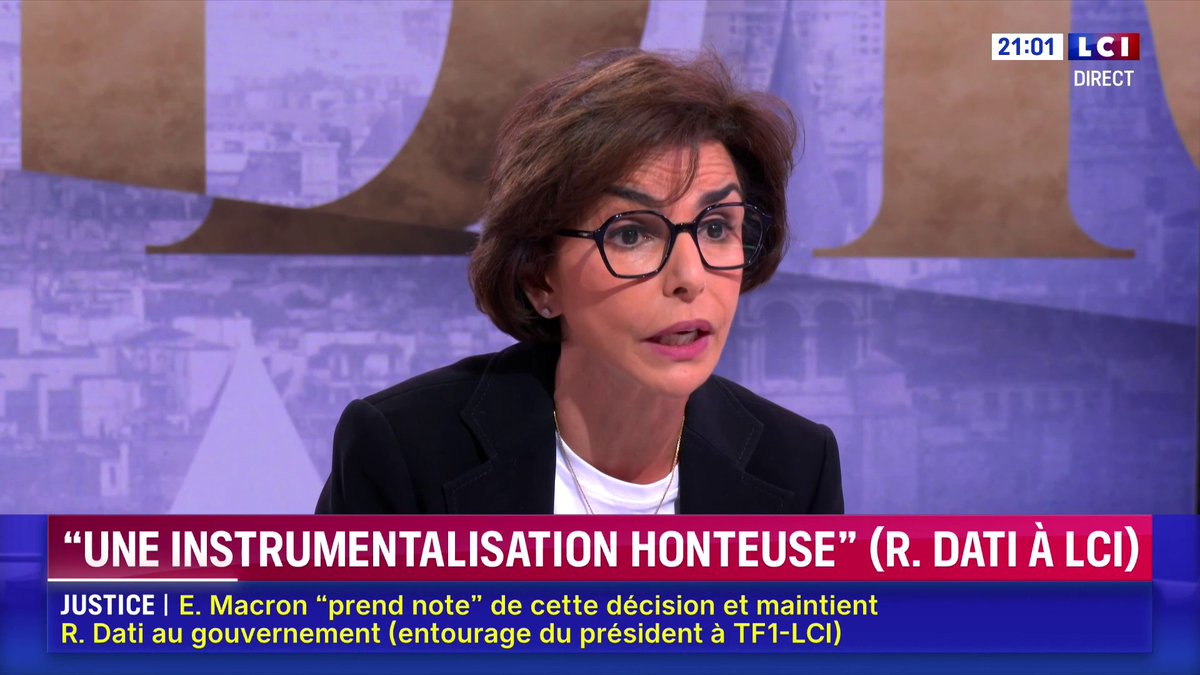 🔴 Renvoyée en procès pour corruption et trafic d'influence, Rachida Dati ن répond sur LCI : "je ne vais pas me résigner (...) ils essaient de me mettre un genou à terre, mais je ne vais quand même pas mettre le deuxième"
